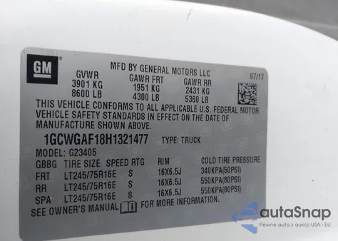 2017 Chevrolet Express 2500 Work Van z USA, uszkodzony, nr VIN 1GCWGAF18H1321477